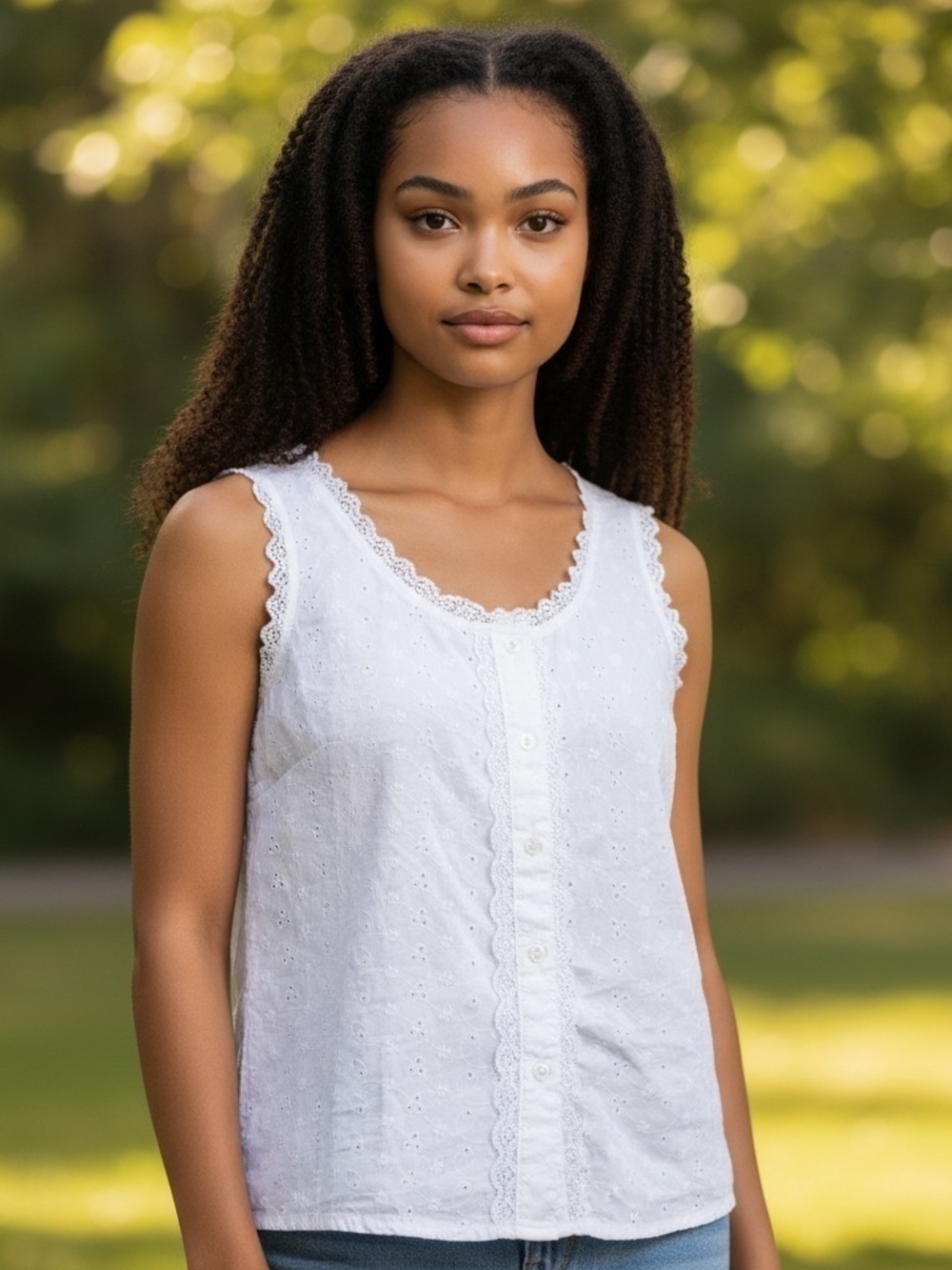 ​Vintage White Eyelet Blouse Womens M Sleeveless Button Down Lace Trim Top